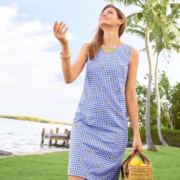 Talbots Lemons & Gingham Shift Dress Blue &White Cotton Embroidered Keyhole Back - Picture 1 of 16
